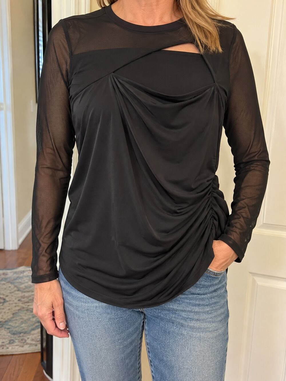 VENUS Black Sheer Mesh Long Sleeve Ruched Tunic Top